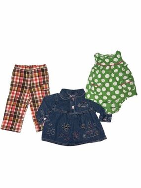 Baby Girl 12M Bundle Carters Fisher Price Polka Dot Romper Denim Plaid Pants Y2K